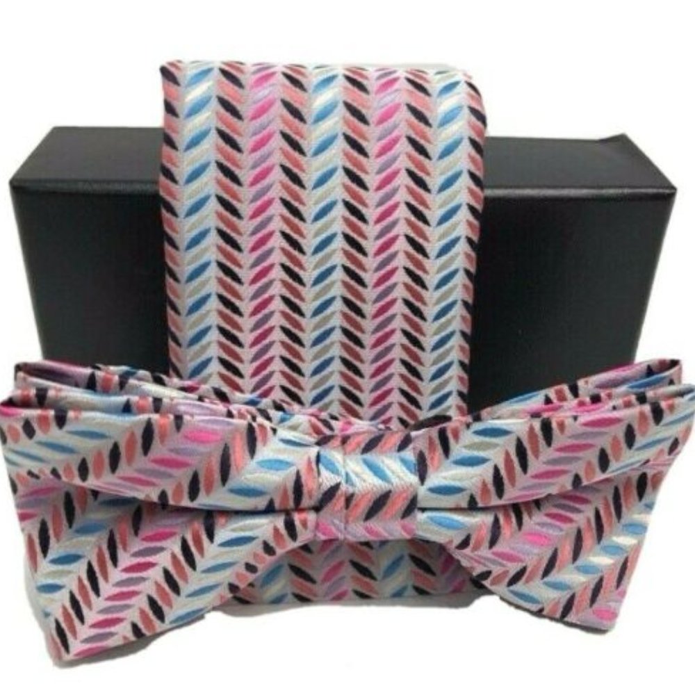 Barcelona Men's Bow Tie Hanky Silver Blue Coral Lavender Fuchsia White 2.5" Wide